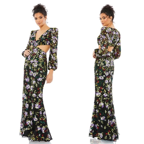 Mac Duggal 5566 Floral Sequined Cut Out Dress Size 6 NWT Black Multi